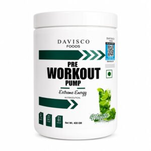 Davisco Foods Pre Workout Pump Extreme Energy supplement powder in a white container, formulated to enhance energy, focus, endurance, muscle pumps, and workout performance.