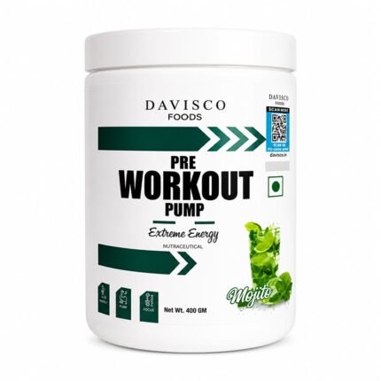 Davisco Foods Pre Workout Pump Extreme Energy supplement powder in a white container, formulated to enhance energy, focus, endurance, muscle pumps, and workout performance.