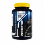 VB Protector Dietary Supplement Bottle with Black Container, Yellow Cap and Blue Label on White Background.