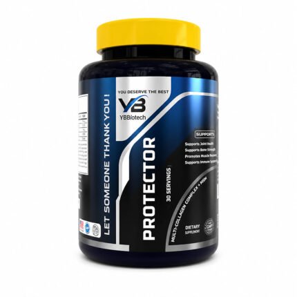 VB Protector Dietary Supplement Bottle with Black Container, Yellow Cap and Blue Label on White Background.