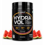 QNT Hydra Vol pre-workout supplement in Watermelon flavor, black container with watermelon slices, designed to support energy, focus, muscle pumps, and workout performance on a white background.