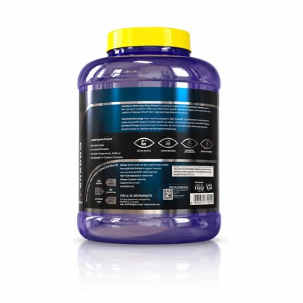 "Large blue plastic container with a yellow lid, featuring a black product label, shown against a white background."