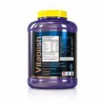 "Back view of a large blue plastic supplement container with a yellow lid, showing the nutrition facts and product label."