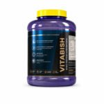 "Side view of the Vitalish supplement container with a blue bottle, yellow lid, and product information label."