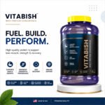 "Vitalish supplement bottle beside promotional graphic highlighting performance, energy, and wellness benefits."