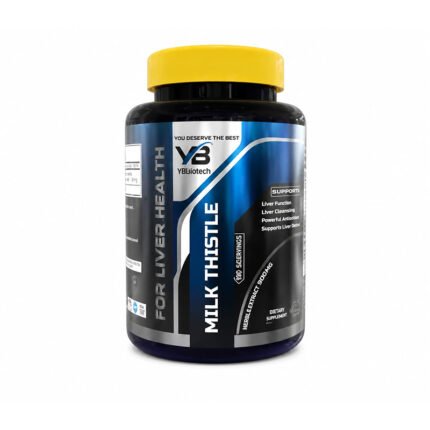 VB Nutrition Milk Thistle supplement bottle with black packaging and yellow cap, featuring liver health support formula