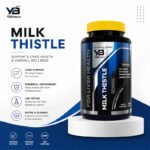 Promotional banner for VB Nutrition Milk Thistle supplement featuring the bottle with key benefits including liver health support, detoxification, antioxidant protection, and natural wellness