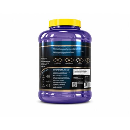 "Back view of VB Whey Gold protein supplement container showing nutrition facts, product information, and usage details."
