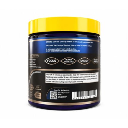 Vitablish Vapon pre-workout supplement container showing usage directions, supplement warnings, ingredient information, QR code, barcode, and key benefits including focus, endurance, and energy support."