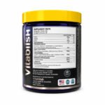 "Side view of Vitablish Vapon pre-workout supplement container displaying the Supplement Facts panel, nutrition information, ingredient list, manufacturer details, and quality certification badges."