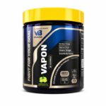 "Angled front view of Vitablish Vapon pre-workout supplement container in Lemon Mojito flavor, featuring a zero-caffeine formula that supports energy, focus, strength, and workout performance with a premium black, blue, and yellow design."