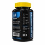 L-Arginine Unflavored dietary supplement bottle highlighting product benefits, usage information, and branding with a black container, blue label, and yellow cap on a white background.