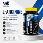 L-Arginine Unflavored dietary supplement featuring the product bottle, muscle pump, heart health, exercise performance, and immune support benefits on a clean white and blue background.