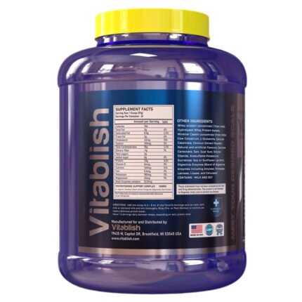 Vitablish Whey XD protein supplement container, side view