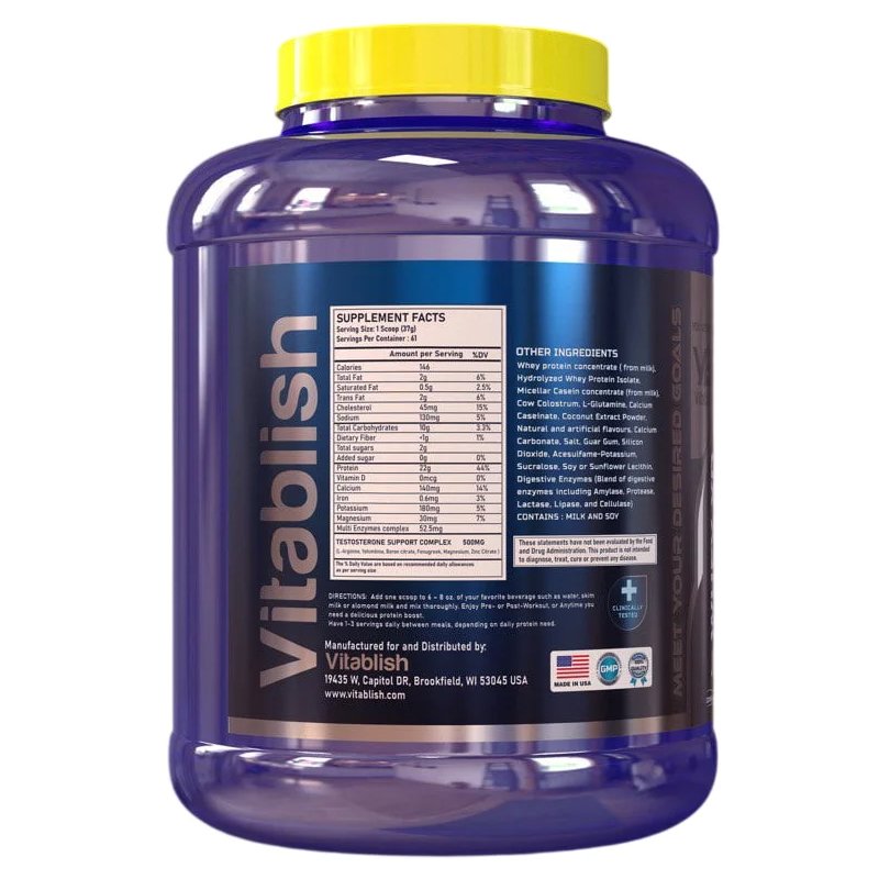 Vitablish Whey XD protein supplement container, side view