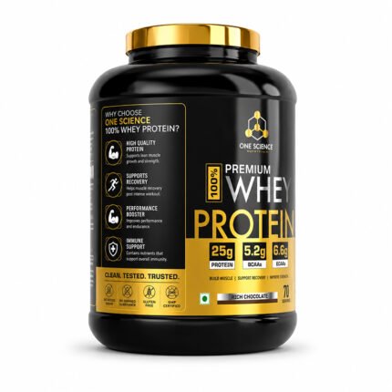 "Angled front view of Premium Whey Protein powder container with black tub, gold lid, and nutrition label."