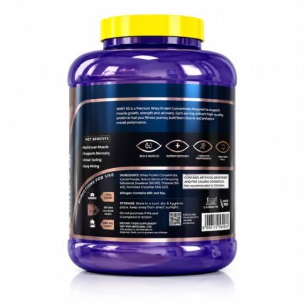 "Back view of Vitablish Whey XD Advanced Whey Protein container, Chocolate Flavor, 2 kg, with nutrition facts and product information label."