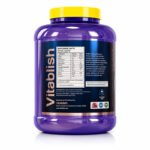 "Side view of Vitablish Whey XD Advanced Whey Protein container, Chocolate Flavor, 2 kg, showing nutrition facts and product label."