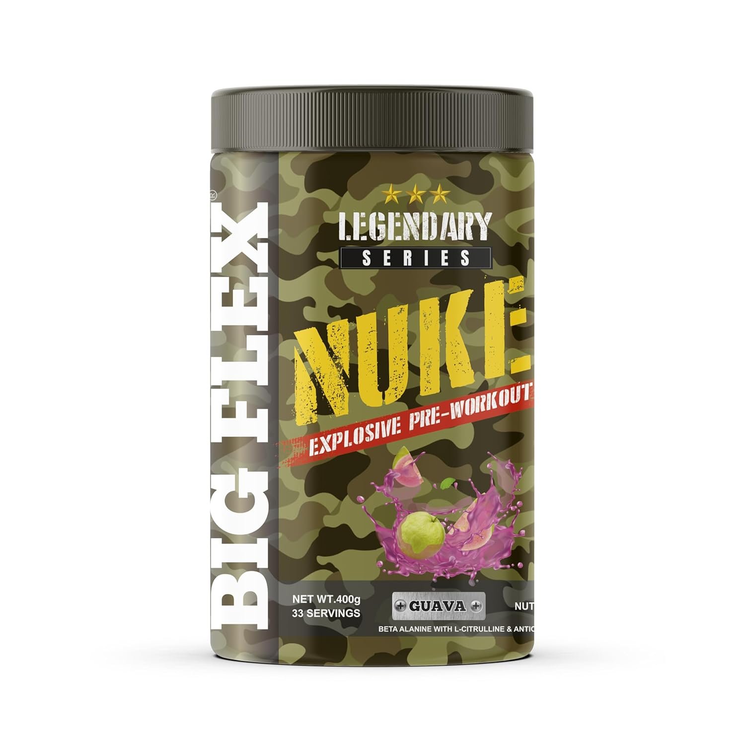 Big Flex Nuke Pre-Workout Guava flavor supplement