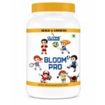 Bloom Pro nutritional supplement powder in a white plastic jar with a gold lid, featuring colorful cartoon children on the label, isolated on a white background.