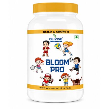 Bloom Pro nutritional supplement powder in a white plastic jar with a gold lid, featuring colorful cartoon children on the label, isolated on a white background.