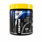 "V3 Vitalish Creatine Monohydrate supplement jar with yellow lid, unflavored micronized creatine powder."