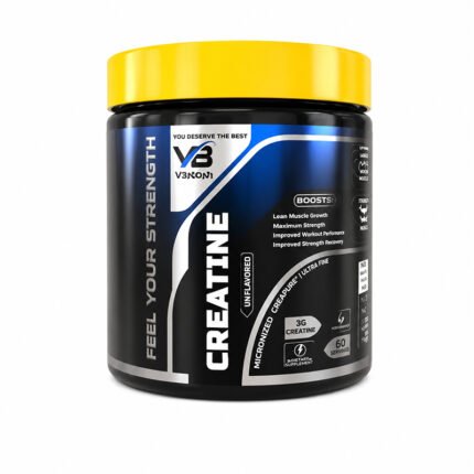 "V3 Vitalish Creatine Monohydrate supplement jar with yellow lid, unflavored micronized creatine powder."