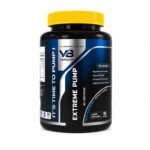 Extreme Pump pre-workout supplement in a black container with a yellow lid and blue-black label