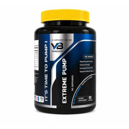 Extreme Pump pre-workout supplement in a black container with a yellow lid and blue-black label