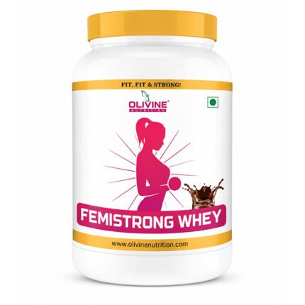 FemiStrong Whey protein powder in a white plastic jar with a yellow lid, featuring a pink women's fitness label and chocolate flavor graphics