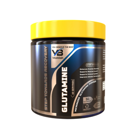 VB Glutamine powder front view showing brand and nutrition facts