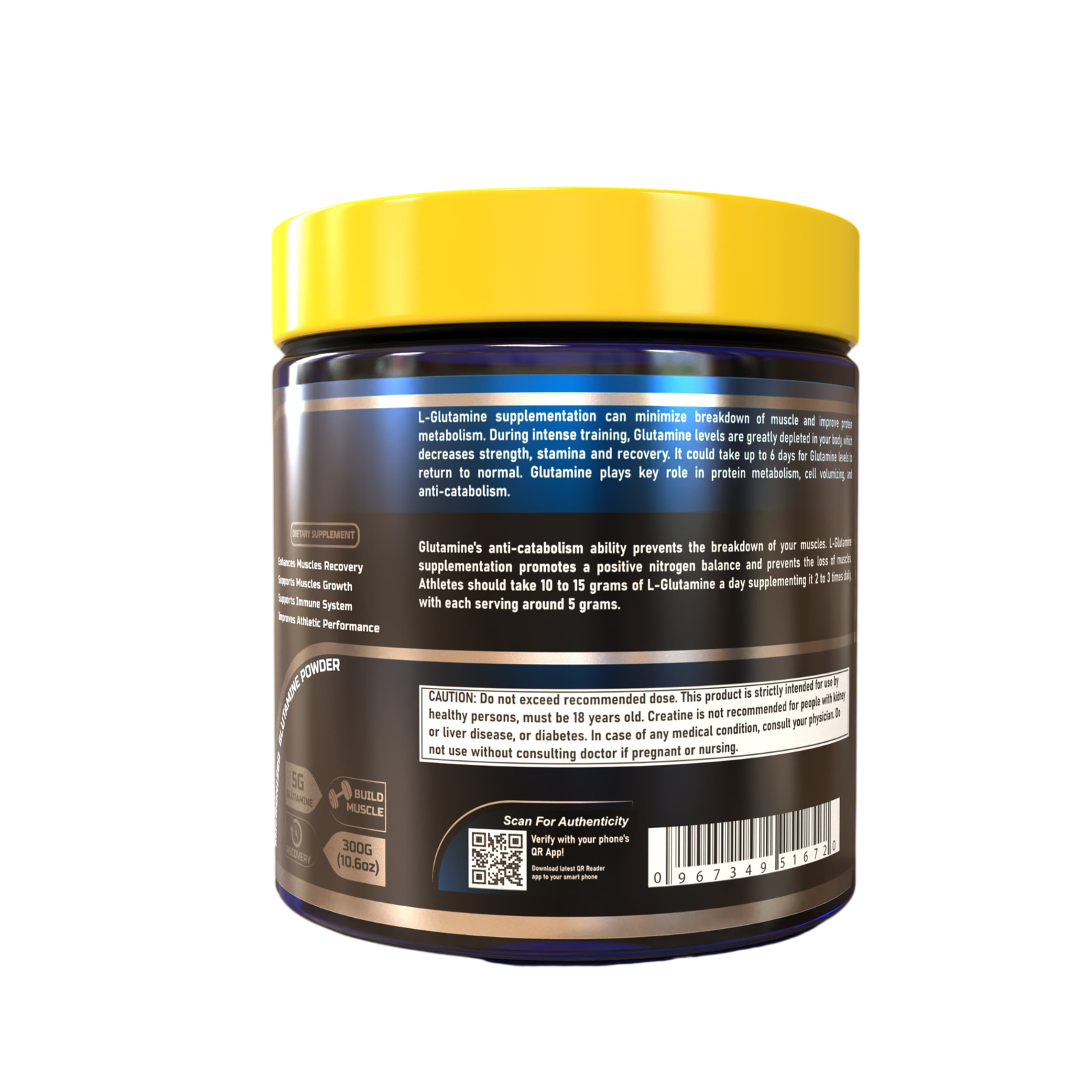 VB Glutamine powder container side angle view
