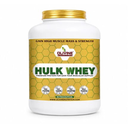 Hulk Whey protein powder in a white plastic jar with a gold lid, featuring a yellow honeycomb label, isolated on a white background.