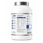 "Back view of the ISOKING protein supplement bottle showing the Nutrition Facts panel, ingredients, directions, and product information on a blue-and-white label, isolated on a white background."