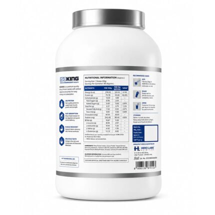 "Back view of the ISOKING protein supplement bottle showing the Nutrition Facts panel, ingredients, directions, and product information on a blue-and-white label, isolated on a white background."