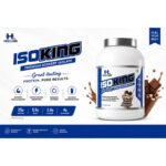 "Promotional banner featuring ISOKING chocolate protein supplement with product bottle, key benefits, nutrition highlights, and chocolate splash graphics on a clean white and blue background."
