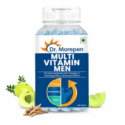Dr. Morepen Multivitamin Men bottle with 33 vital nutrients, Omega-3, Ashwagandha, Ginseng, and Amino Acids, displayed with amla, aloe vera