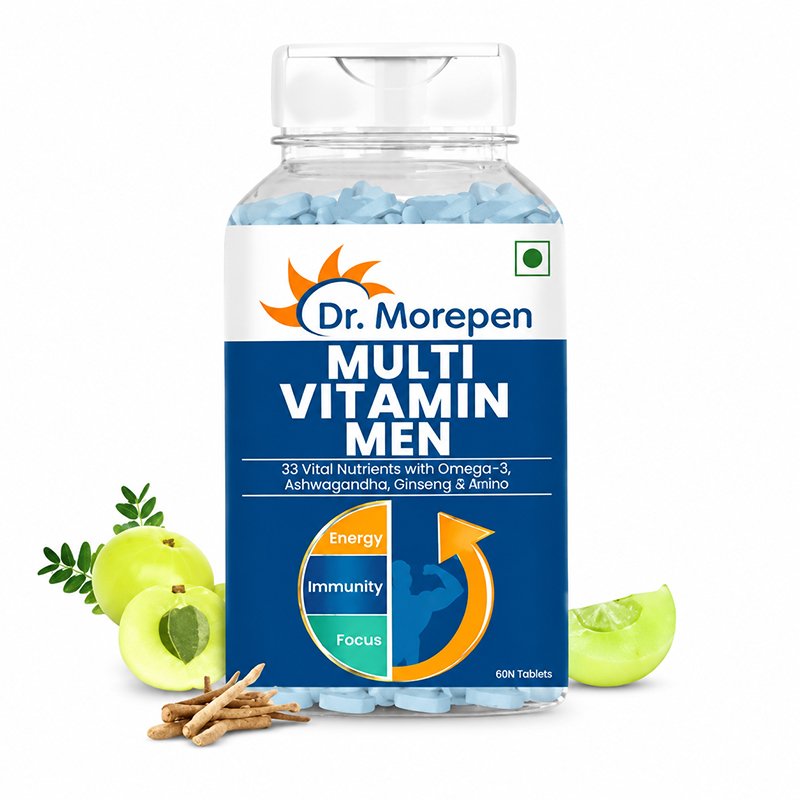 multivitamin-men1 Dr. Morepen Multivitamin Men bottle with 33 vital nutrients, Omega-3, Ashwagandha, Ginseng, and Amino Acids, displayed with amla, aloe vera