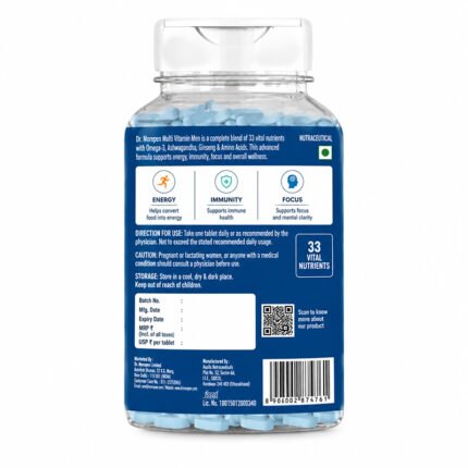 Back label of Dr. Morepen Multivitamin Men bottle showing nutritional information, ingredients, usage directions, storage instructions, barcode, QR code, and 33 vital nutrients