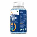 Angled side view of Dr. Morepen Multivitamin Men bottle showing the front label and nutritional information panel with 33 vital nutrients, Omega-3, Ashwagandha, Ginseng, and Amino Acids