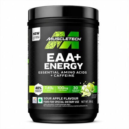 MuscleTech EAA+ Energy Essential Amino Matrix with Caffeine, Green Apple flavor dietary supplement powder in a black container, 30 servings.