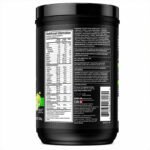 Back view of MuscleTech EAA+ Energy Essential Amino Matrix with Caffeine, Green Apple flavor dietary supplement container showing Supplement Facts, ingredients, directions, and barcode.