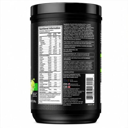 Back view of MuscleTech EAA+ Energy Essential Amino Matrix with Caffeine, Green Apple flavor dietary supplement container showing Supplement Facts, ingredients, directions, and barcode.