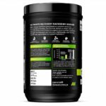 Back label of MuscleTech EAA+ Energy Essential Amino Matrix with Caffeine, Green Apple flavor supplement container showing product benefits, usage directions, nutrition highlights, and ingredient information.