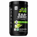 Front angled view of MuscleTech EAA+ Energy Essential Amino Matrix with Caffeine, Green Apple flavor dietary supplement powder in a black container, 30 servings.