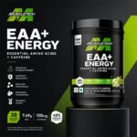 MuscleTech EAA+ Energy Essential Amino Matrix with Caffeine, Green Apple flavor supplement promotional image featuring the product container with key benefits including 30 servings, 7g EAAs, and 100mg caffeine.