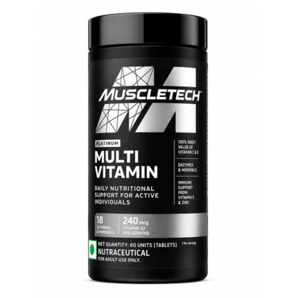 MuscleTech Platinum Multivitamin supplement bottle with essential vitamins and minerals