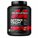 MuscleTech Nitro-Tech whey protein powder in a black plastic container with red branding and chocolate flavor graphics, isolated