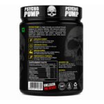 "Back view of Psycho Pump pre-workout supplement container showing ingredients, usage directions, and product information"