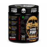 "Angled view of Psycho Pump pre-workout supplement container with skull label design"